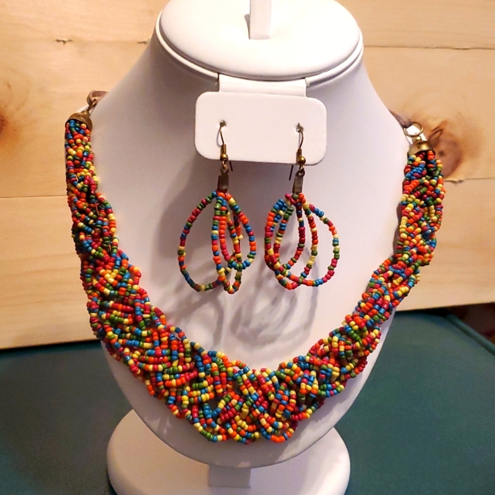 Multicolored beaded necklace and earring set